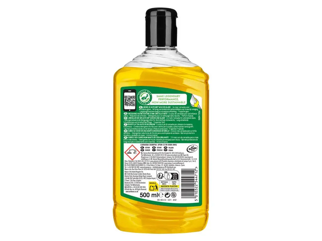 Turtle Wax Carnauba Wash & Wax 500ml autoshampoo met natuurlijke wax achterkant flacon